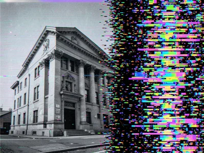 Architecture photo with progressive corruption, clean at left edge degrading to 