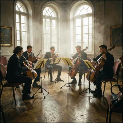 Humid atmospheric scene, Central European grandeur, String quartet rehearsing in