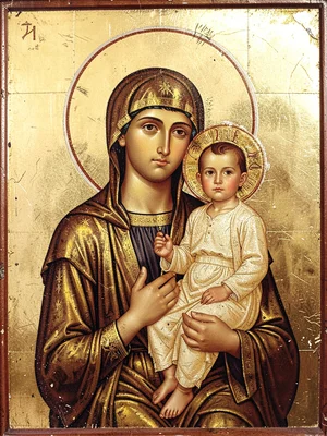 Mother and child in formal frontal pose, gold leaf background