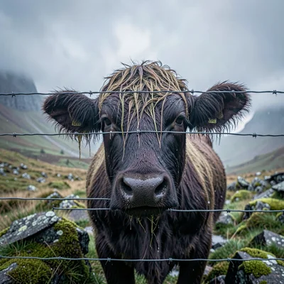 Highland atmospheric mist, Skye grey-green-purple, Highland cow face through fen