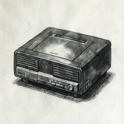 Editorial charcoal of a top-loading VCR with a tape mid-eject, deep blacks fadin