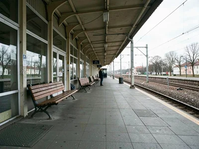 Person waiting at empty train platform, benches stretching both directions, the 