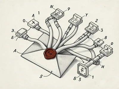 Pen-and-ink isometric diagram of a single envelope splitting into branching tube