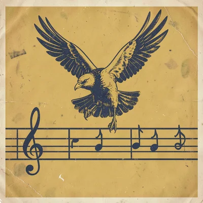 Three-color screenprint poster of a single musical staff with a soaring bird, mu