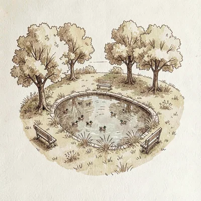 Hand-drawn map illustration of a small Portland park with a duck pond and tiny i