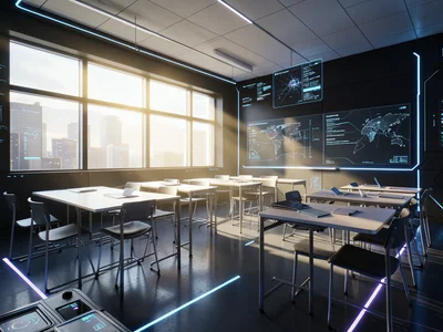 Empty classroom with afternoon sun streaming through windows, desks arranged