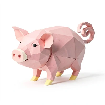 Curly dusty-pink lowpoly piglet with cream snout and butter-yellow hooves, paper