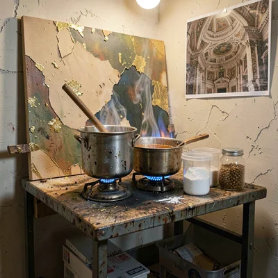 Layered mixed-media painting on wooden panel, Mediterranean studio light, earth 