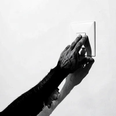 Stark minimalist composition, high contrast black and white tones, A hand reachi