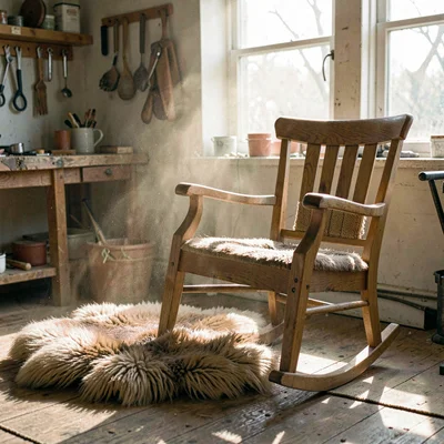 Quiet workshop still of a beech rocking chair beside a sheepskin rug, warm dust 
