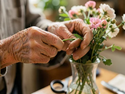 Elderly hands arranging flowers in a vase, careful placement of each stem, a pai