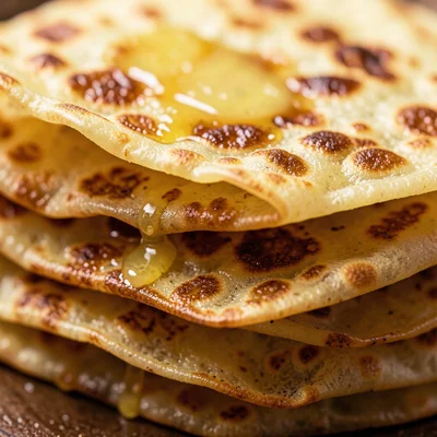 A stack of thin crêpes, each nearly translucent, golden brown spots from the pan