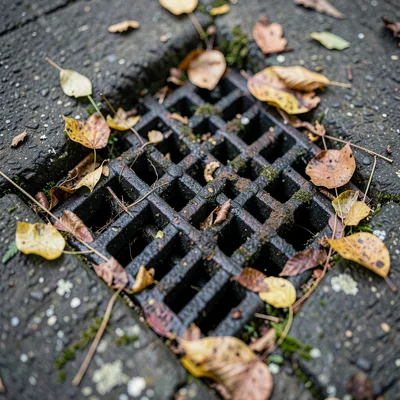 Grimy drain grate with leaf debris as composition study