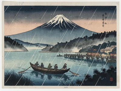 Ferry crossing at dusk, Mount Fuji above the far shore, boatmen poling in rain