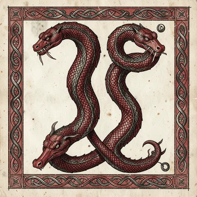 Zoomorphic initial letter built from intertwined serpent bodies biting their own