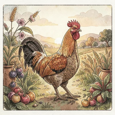 Artisan food packaging illustration, Farm rooster at dawn , farm-to-table aesthe