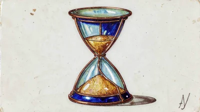 Cloisonné enamel illustration, hourglass with sand , copper wire outlines, glass