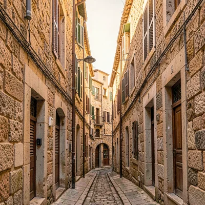 Old Jaffa time-layered, ancient port stone warmth, Narrow alley between walls sh
