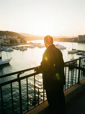 Person leaning on a railing overlooking a harbor at sunset, boats and warm refle