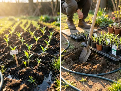 A garden bed half-planted in spring — the left side showing freshly transplanted