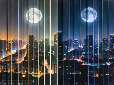 Day and night cityscape in lenticular mid-transition, vertical stripes alternati