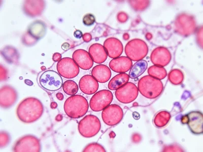 Blood smear at oil immersion, red blood cells as pink biconcave discs with occas
