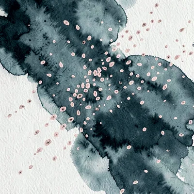 A diagonal scatter of seed-marks falls across the canvas in pale rose against de