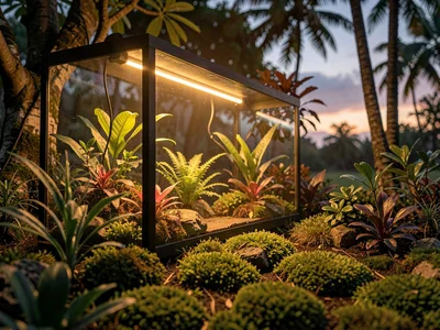 Cozy atmospheric photo of a glowing tropical vivarium at dusk, warm grow light s