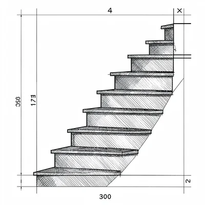 Technical drawing sidebar of a stair detail in fine ink, hatched shading on the 