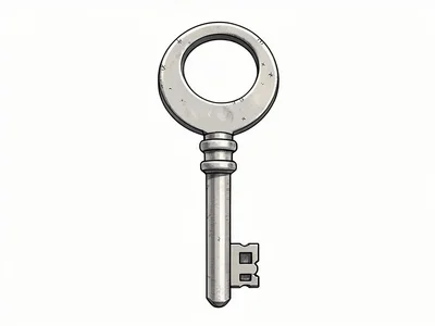 Orthographic top view of a single iron skeleton key with three-tooth bit and lar