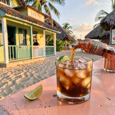 Chattel house colors in Barbados afternoon light, Rum punch being poured, amber 