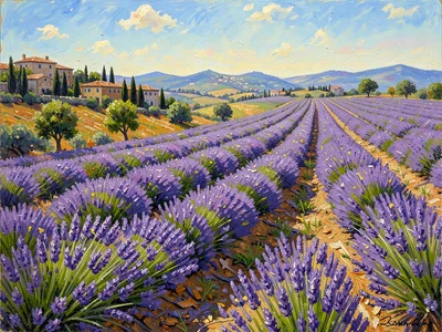 Lavender rows in Provence seen from a slight rise, heat shimmer above the violet