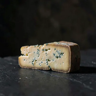Moody still life of a single wedge of blue cheese on dark slate, single hard sid