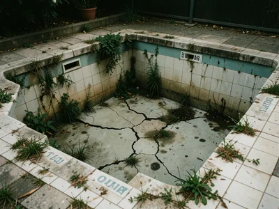 Swimming pool drained and cracked, weeds growing through tiles, faded lane marke