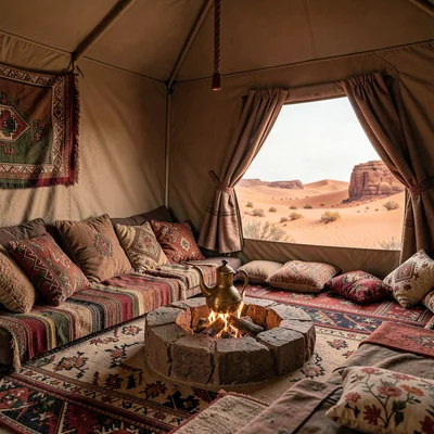 Warm desert-toned photograph, Bedouin tent interior with layered carpets and cus