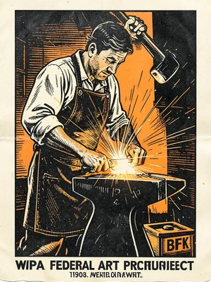 A blacksmith at an anvil, sparks flying from the hammer strike, the forge glowin