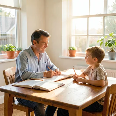 Wide lifestyle of a tutor and child seated at a study table in a sunlit room