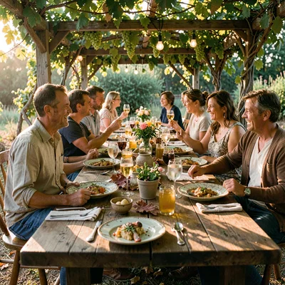Mid-feast table scene, abundant hospitality, Outdoor table under grape vines, da