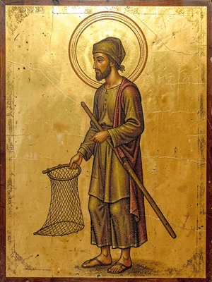 Fisherman standing in profile holding a net, halo of concentric gold rings