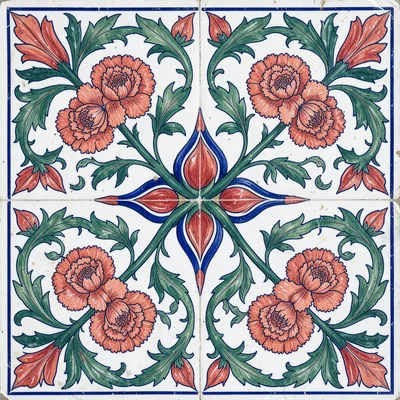 Four-tile cross repeat — tulip center, carnation at each quadrant, saz-leaf fill