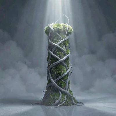Tall side-panel box illustration of a single mossy column embraced by climbing g