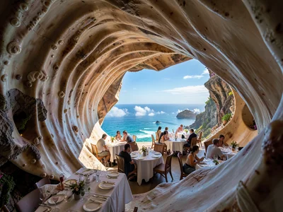 Restaurant built inside enormous seashell, spiral interior, ocean view from aper