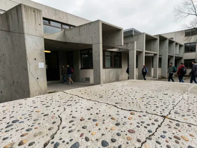 Brutalist school building exterior, geometric concrete, students entering