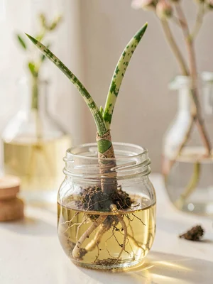 Botanical macro of a single cuttings jar with rooting variegated stem, water cat