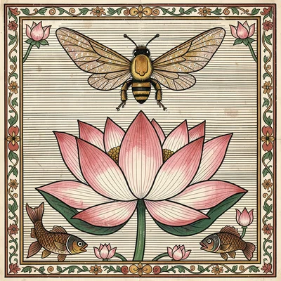 Bee hovering above a giant open lotus — wings spread symmetrically, pollen detai