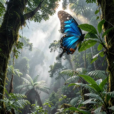 Cloud forest mist layers in Costa Rica, Morpho butterfly wings catching light th