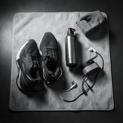 Workout flat lay: sneakers, water bottle, earbuds, towel, resistance band on gre