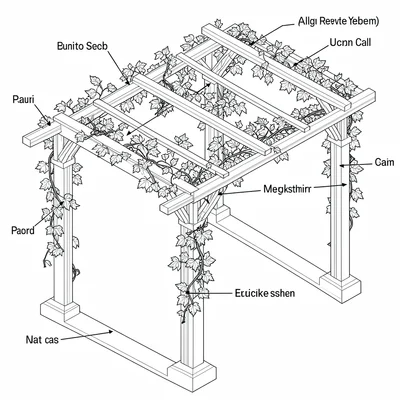 Technical isometric of a pergola structure with vine training callouts