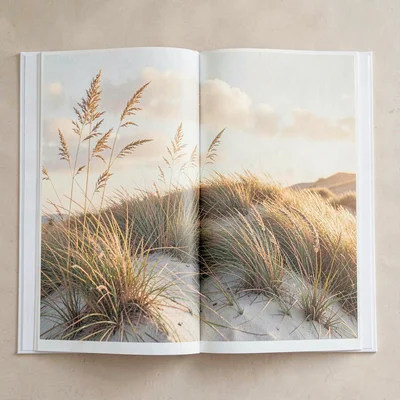 Inside spread of a marram-grass dune crest at golden hour, illustrated in soft b