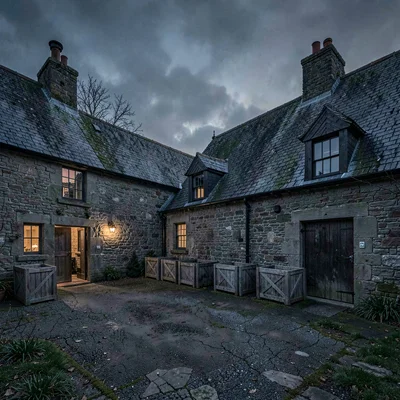 A stone farmhouse courtyard at dusk, a row of empty wooden crates against a tile